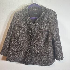 Talbots Petite 16WP Tweed Jacket Fringe Trim Lined Career Blazer Wool Blend